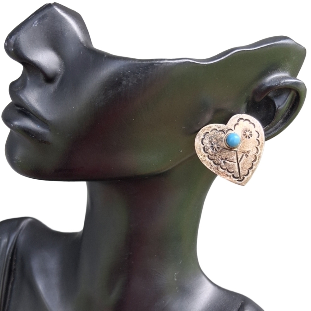 TAXCO MEXICO VINTAGE STERLING SILVER & TURQUOISE HEART EARRINGS